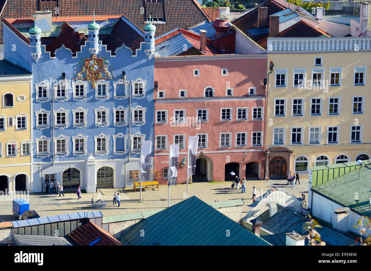 Bunte Fassaden, typischen Inn-Salzach-Architektur, Altstadt, Burghausen, Upper Bavaria, Bavaria, Germany Stockfoto