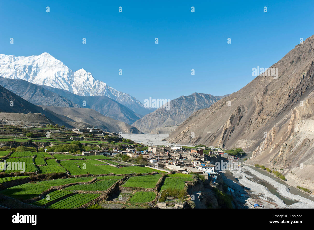 Siedlung auf dem Kali Gandaki Fluss, schneebedeckten Mt Nilgiri Nord, 7061 m, hinten, Kagbeni, untere Mustang, Lo, Nepal Stockfoto