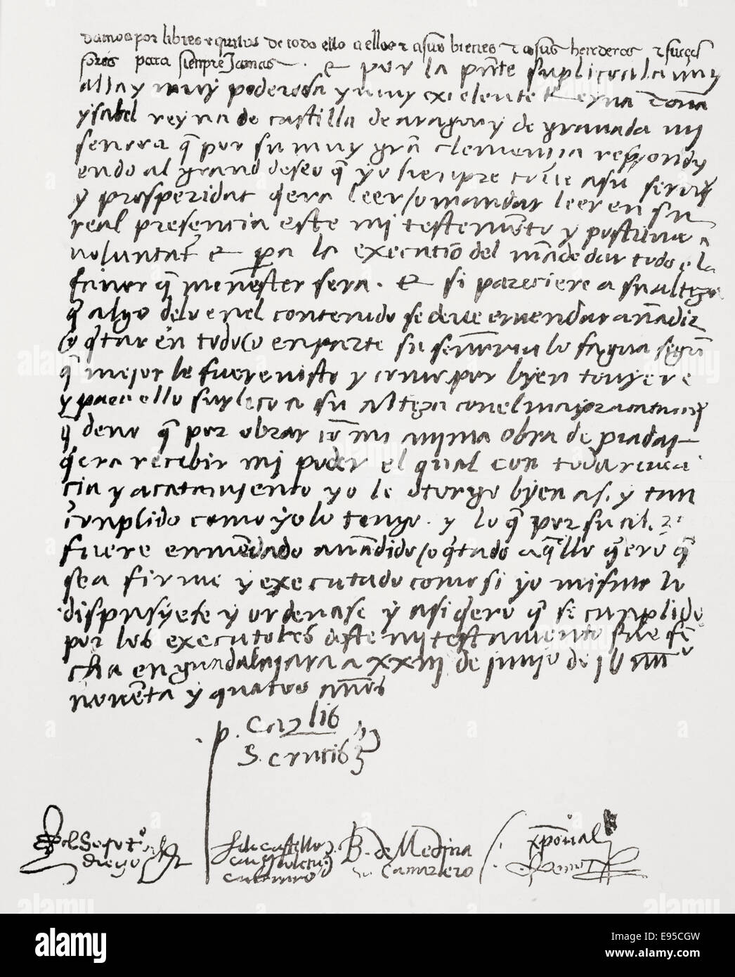 Brief von Kardinal Pedro González de Mendoza, in seiner eigenen hand, Königin Isabella i. von Kastilien, benennen ihre Vollstrecker seines Willens Stockfoto