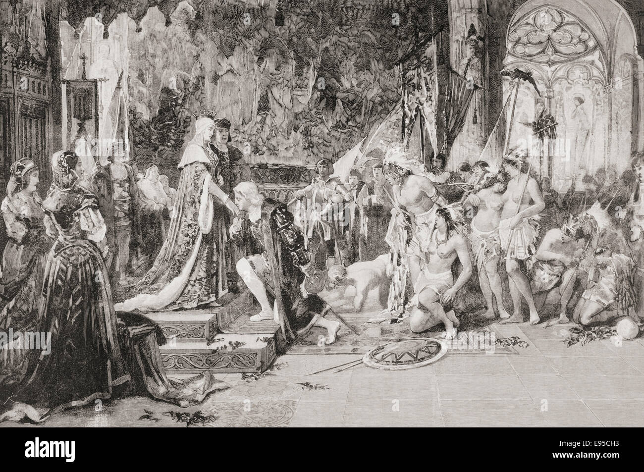 Christopher Columbus in Barcelona Gericht von König Ferdinand und Königin Isabella von Spanien im Jahre 1493 Stockfoto