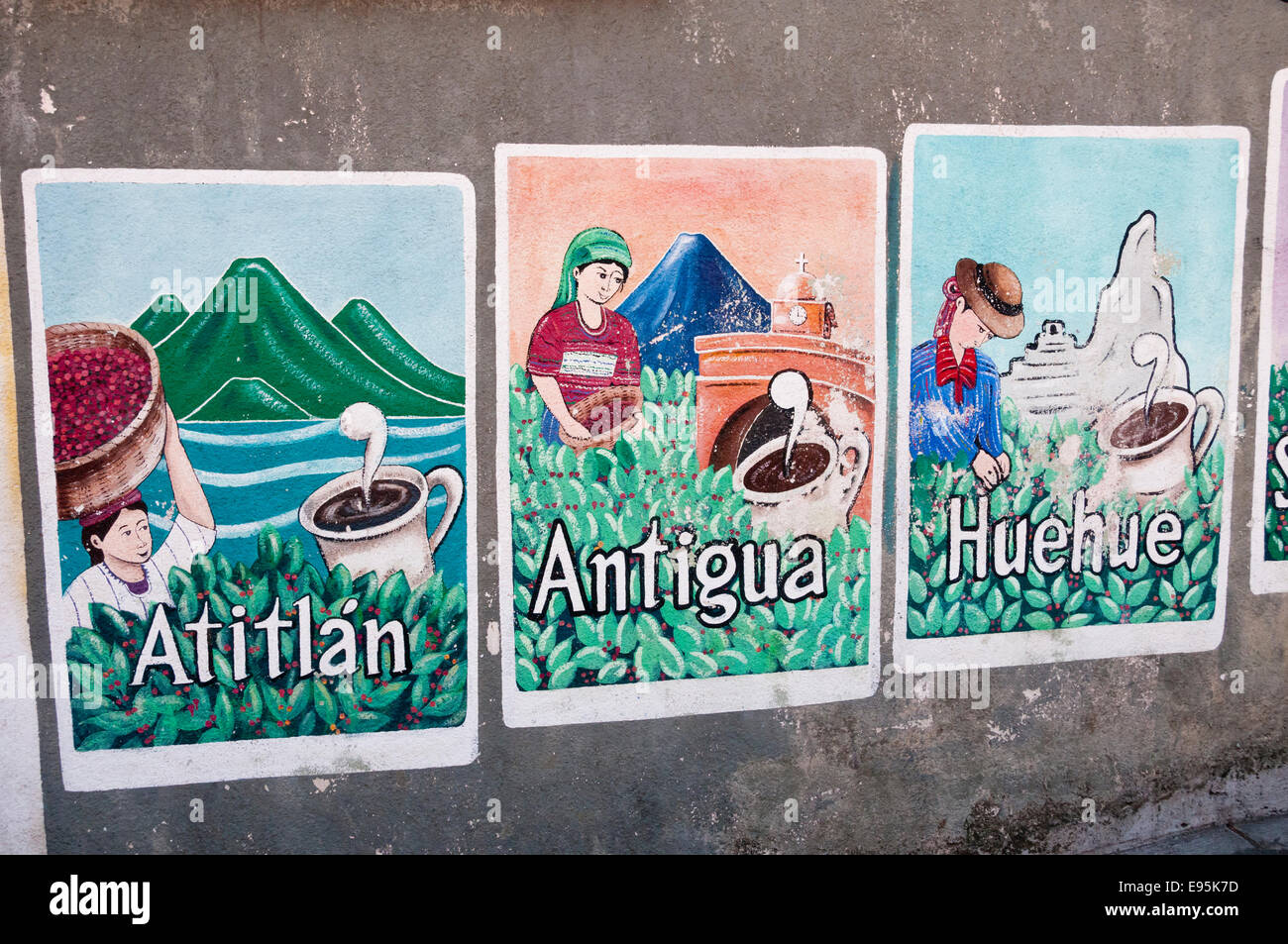 Kaffee Ad, Wandbild, San Pedro La Laguna, Lake Atitlan, Guatemala Stockfoto