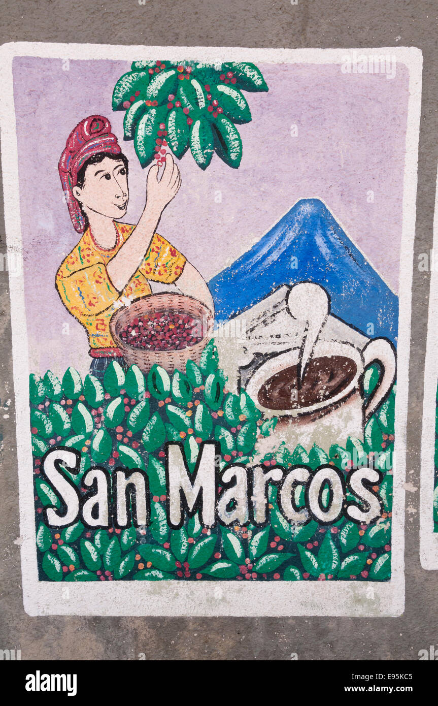 Kaffee Ad, Wandbild, San Pedro La Laguna, Lake Atitlan, Guatemala Stockfoto