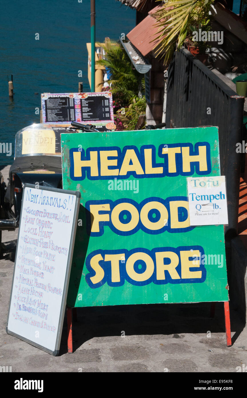 Health Food Store Zeichen, San Pedro La Laguna Lake Atitlan, Guatemala Stockfoto