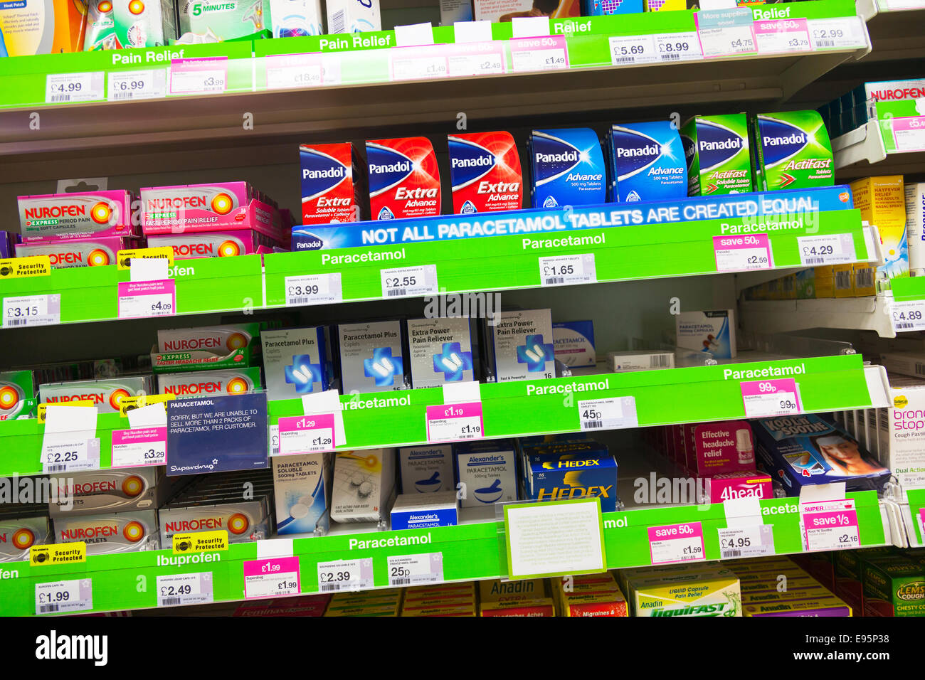 Panadol Schmerzlinderung Tabletten Paracetamol Nurofen Hedex Produkte im Regal bei Apotheke Shop Shop im display Stockfoto