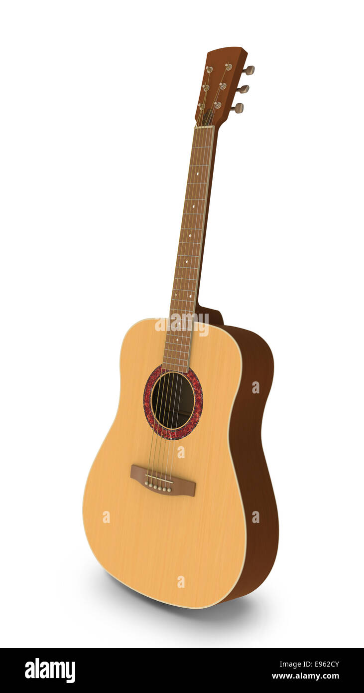 3D-Modell der Akustikgitarre auf weißem Hintergrund Stockfoto