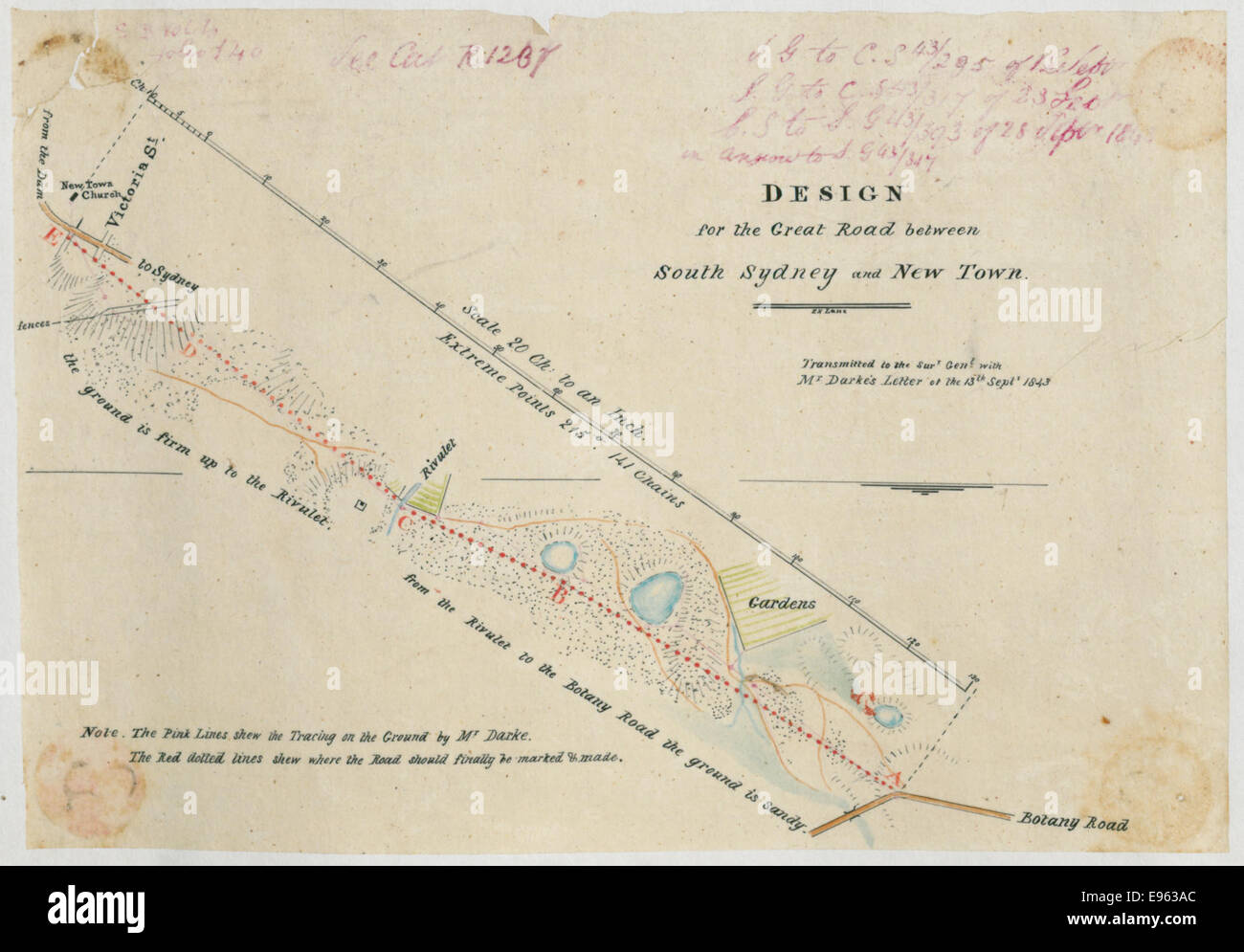 Eine Entwurfsskizze für die Great Road, die South Sydney mit New Town verbindet. Ziel des Projekts ist es, die städtebauliche und verkehrstechnische Infrastruktur des frühen 20. Jahrhunderts zu präsentieren. Stockfoto