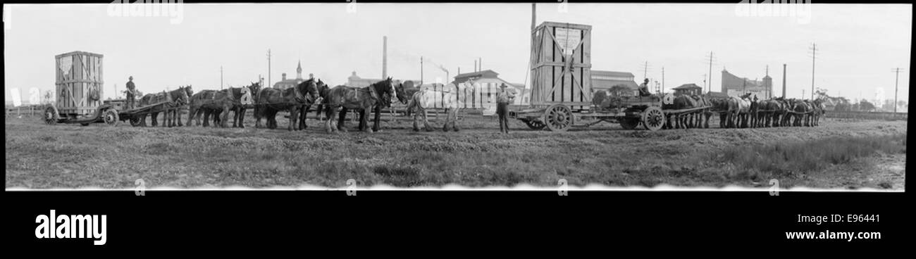 Dieses Panoramafoto aus den EB Studios zeigt zwei Teams schwerer Pferde und Wagen bei der English Electric Company New Works in Clyde, New South Wales. Die Szene erfasst die industrielle Arbeit des frühen 20. Jahrhunderts und hebt die Verwendung von Pferden für den Transport in industriellen Umgebungen hervor. Stockfoto