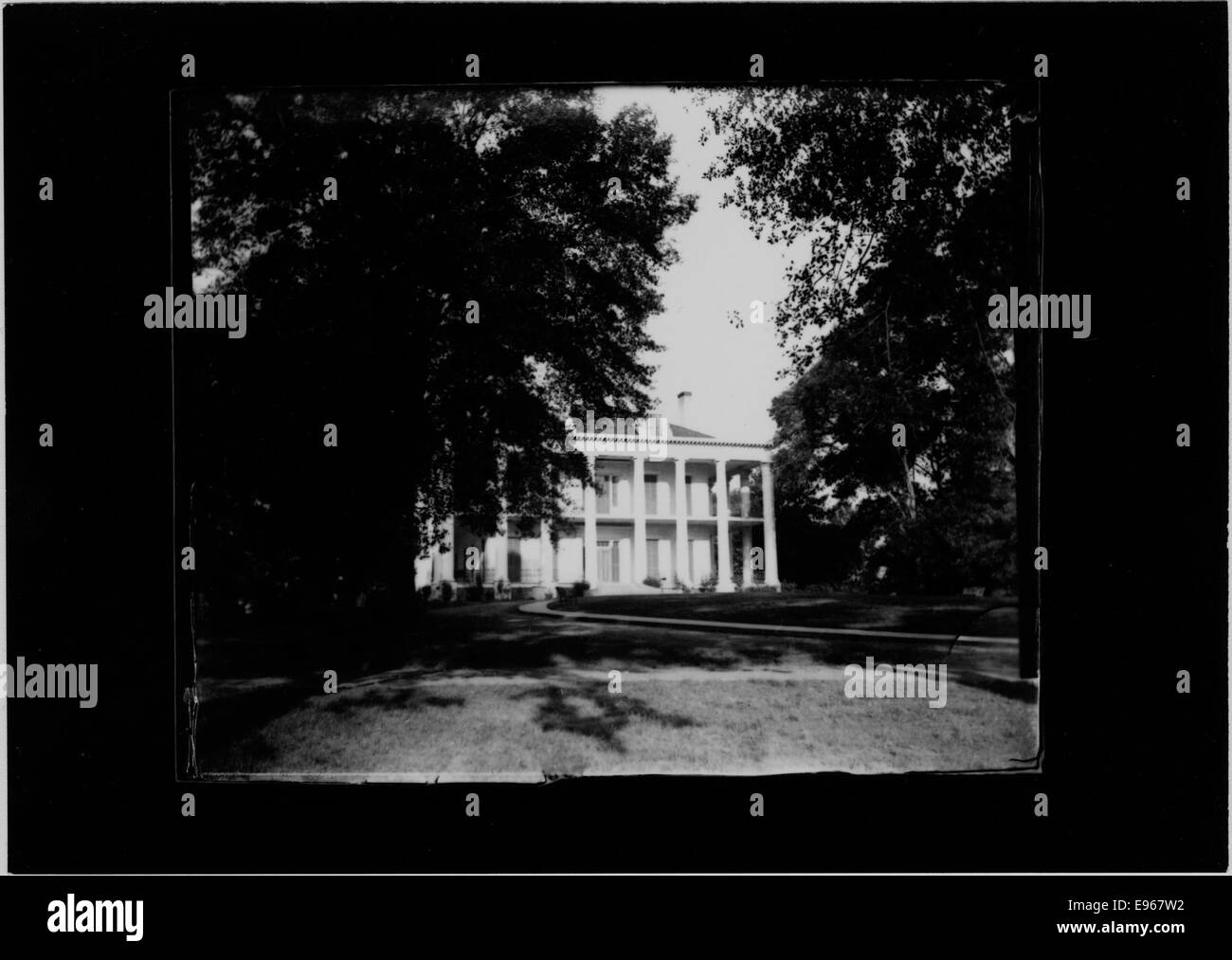 Foto von Dunleith, einem historischen Plantagenhaus in Mississippi. Das Bild zeigt die Architektur und die umgebende Landschaft, die die Plantagenzeit der Region aus dem 19. Jahrhundert widerspiegelt. Stockfoto