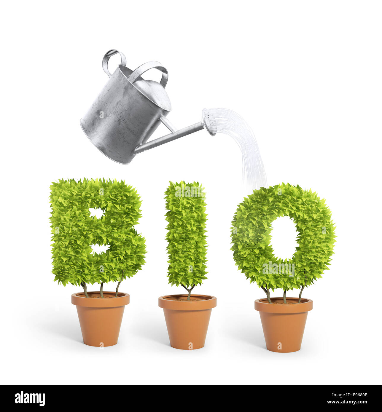 Drei Topfpflanzen bilden das Wort "Bio" Stockfoto