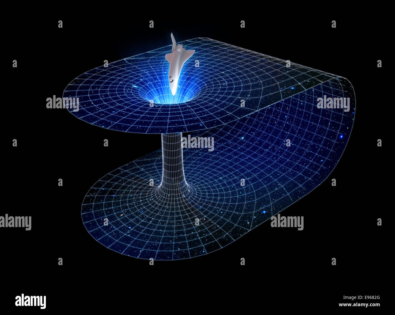 3D Darstellung eines Raumschiffes durch ein Wurmloch Stockfoto