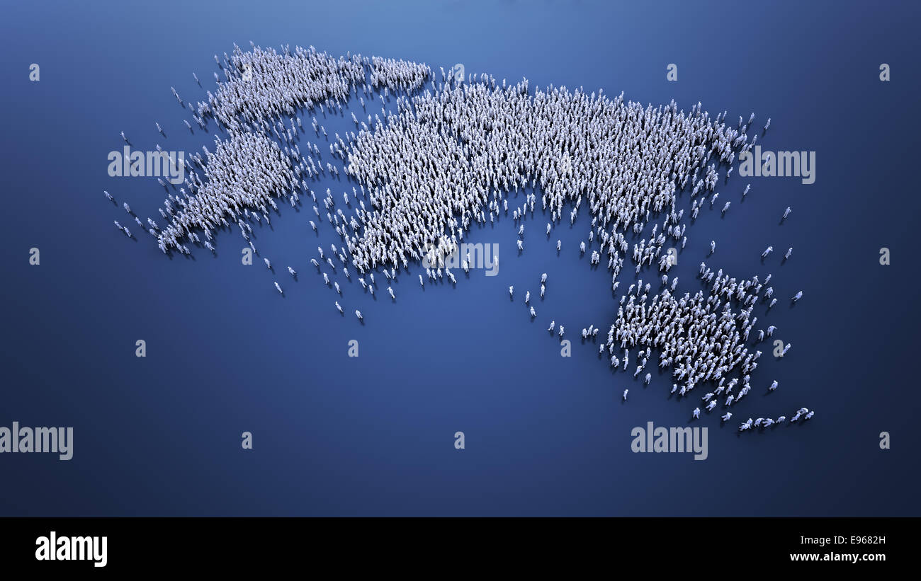 Große Schar von Menschen bilden eine Weltkarte Stockfoto