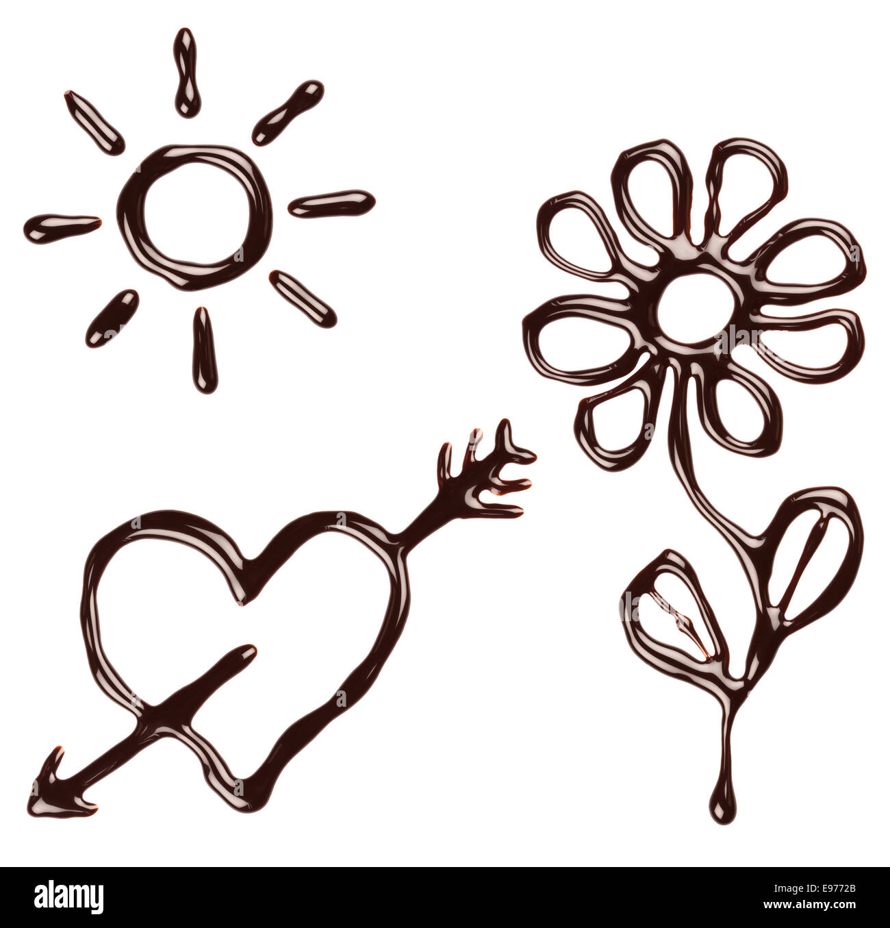 Schokoladensirup Symbole: Sonne, Herz, Blume, Pfeil. Sommer, Liebe Hintergrund. Stockfoto