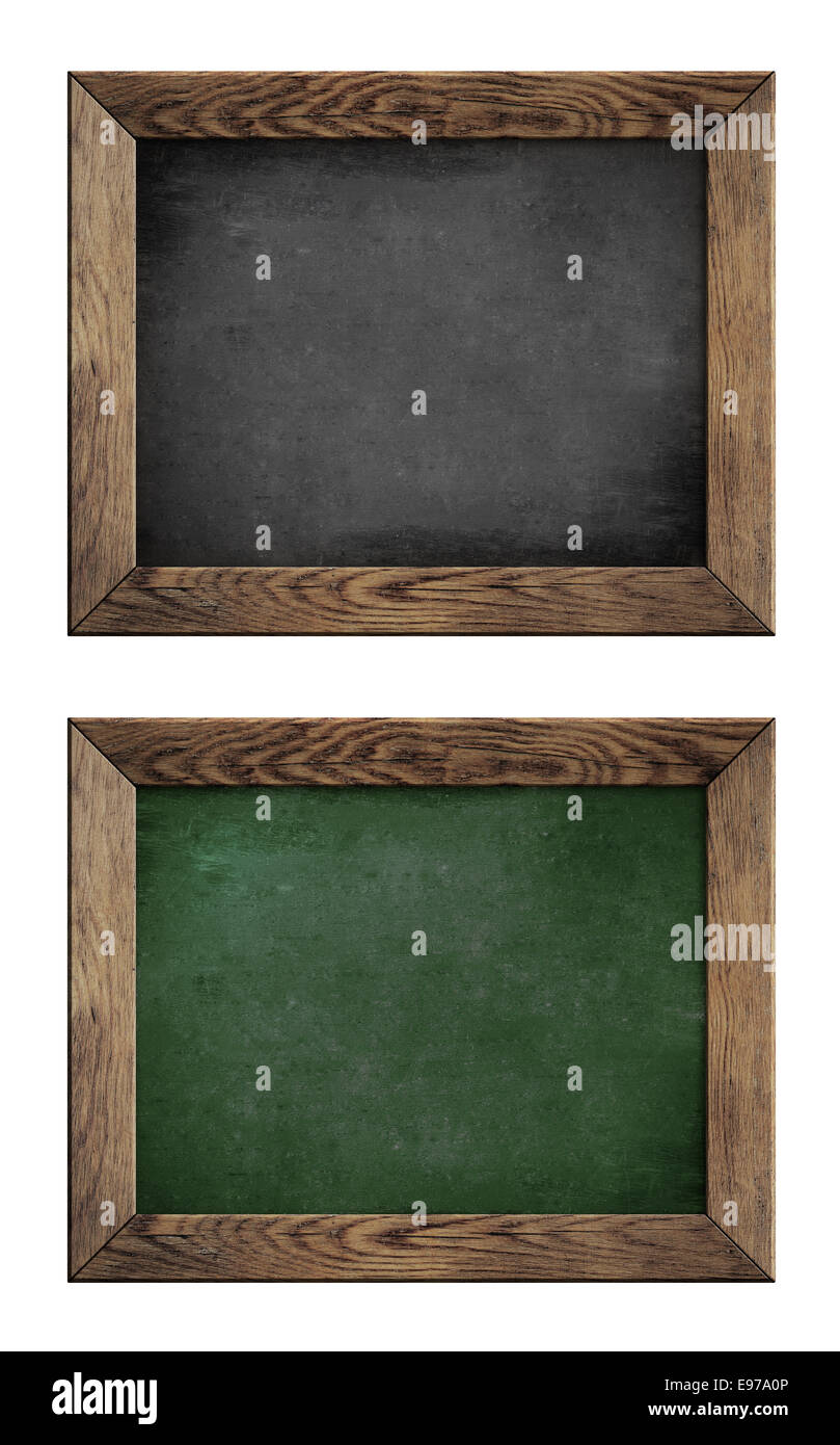 alte grüne und schwarze Schultafel oder Tafel mit Holzrahmen isoliert Stockfoto