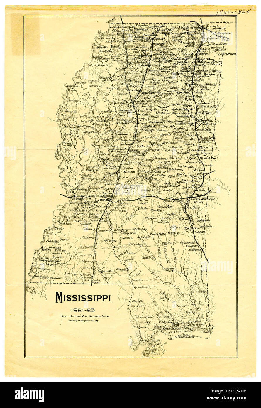 Ein historisches Foto, das Mississippi in den Jahren 1861 bis 1865 dokumentiert und einen Moment aus der Zeit des Amerikanischen Bürgerkriegs festnimmt. Das Bild gibt einen Einblick in die Rolle des Staates im Konflikt und seine Landschaft in dieser turbulenten Zeit. Stockfoto