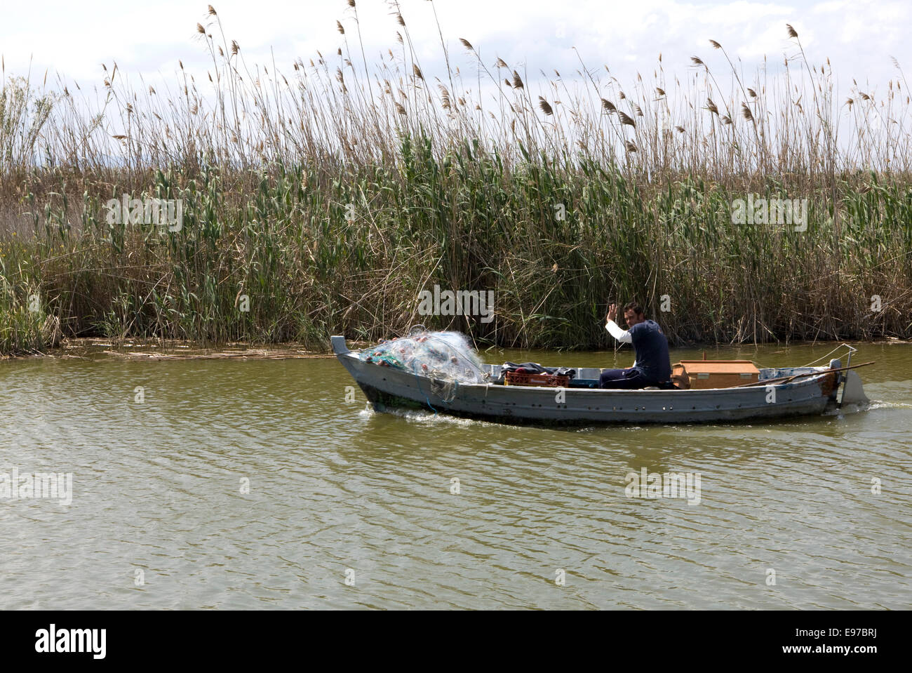 Fischer in seinem Boot in den Kanälen der Albufera südlich von Valencia Stockfoto