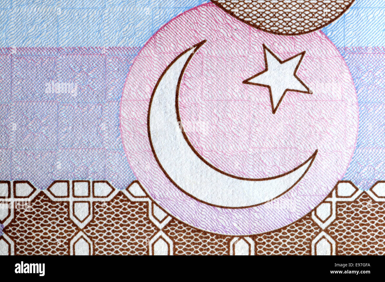 Ausschnitt aus einer Pakistan Banknote zeigt der Halbmond und ein Stern Stockfoto