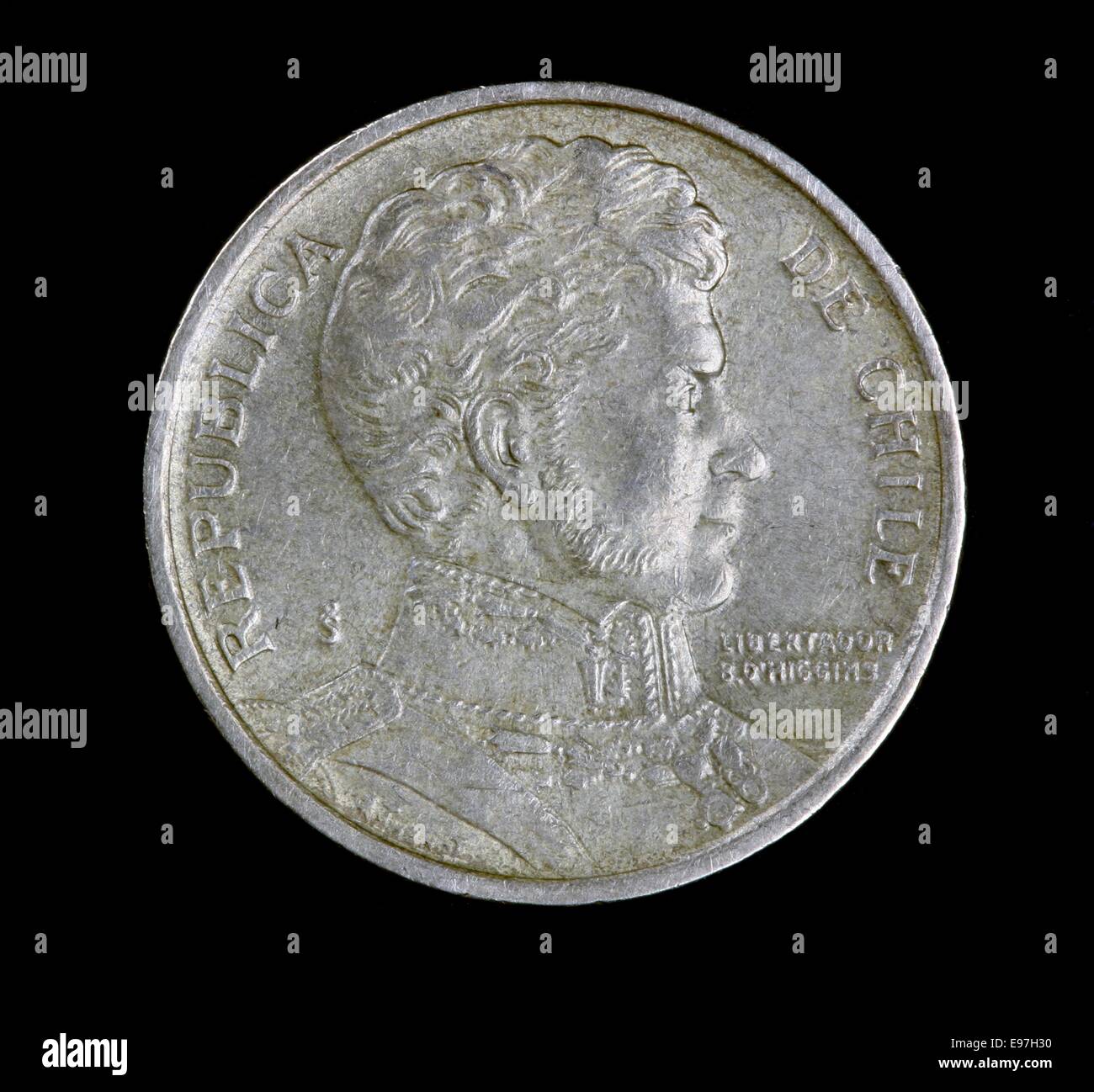 Vorderseite einer chilenischen 10 Pesos Münze, Bernardo O'Higgins Darstellung Stockfoto