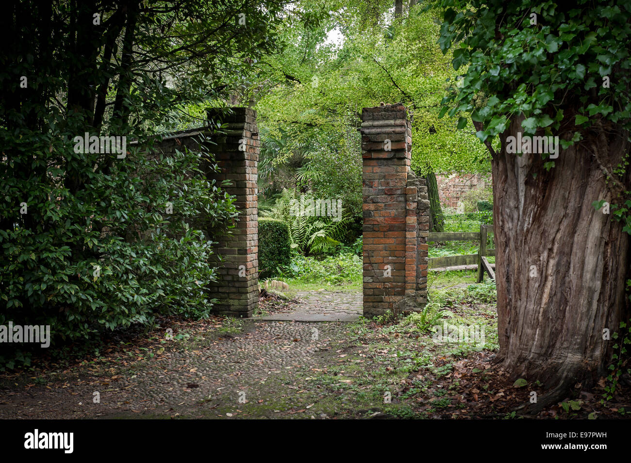 Der Eingang in den verlassenen ummauerten Garten am Warley Place. Der Garten des Hauses der Gärtnerin Miss Ellen Wilmott in Essex. Stockfoto