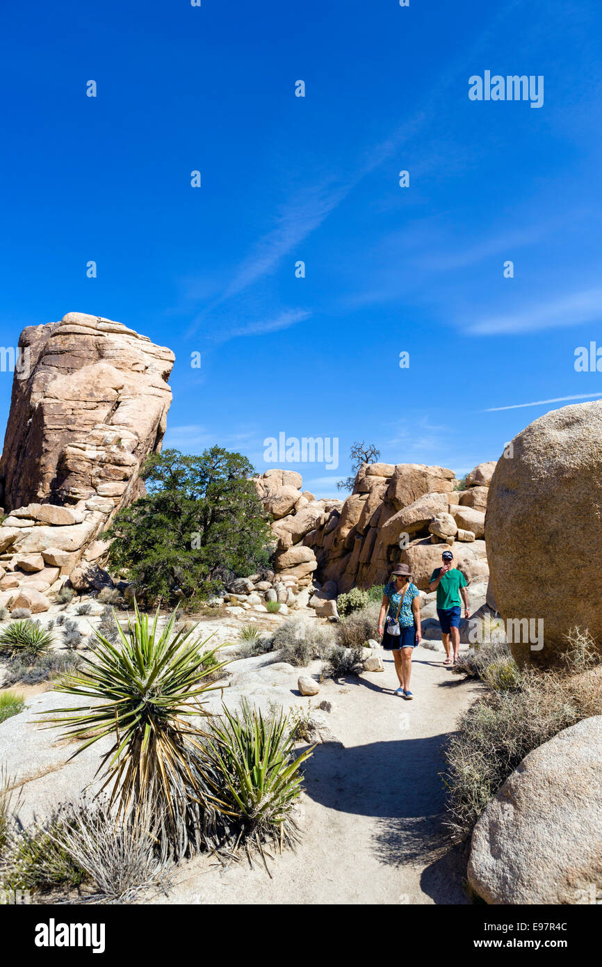 Wanderer auf Trail in Hidden Valley, eine ehemalige Vieh Rustler Versteck, Joshua Tree Nationalpark, Kalifornien, USA Stockfoto