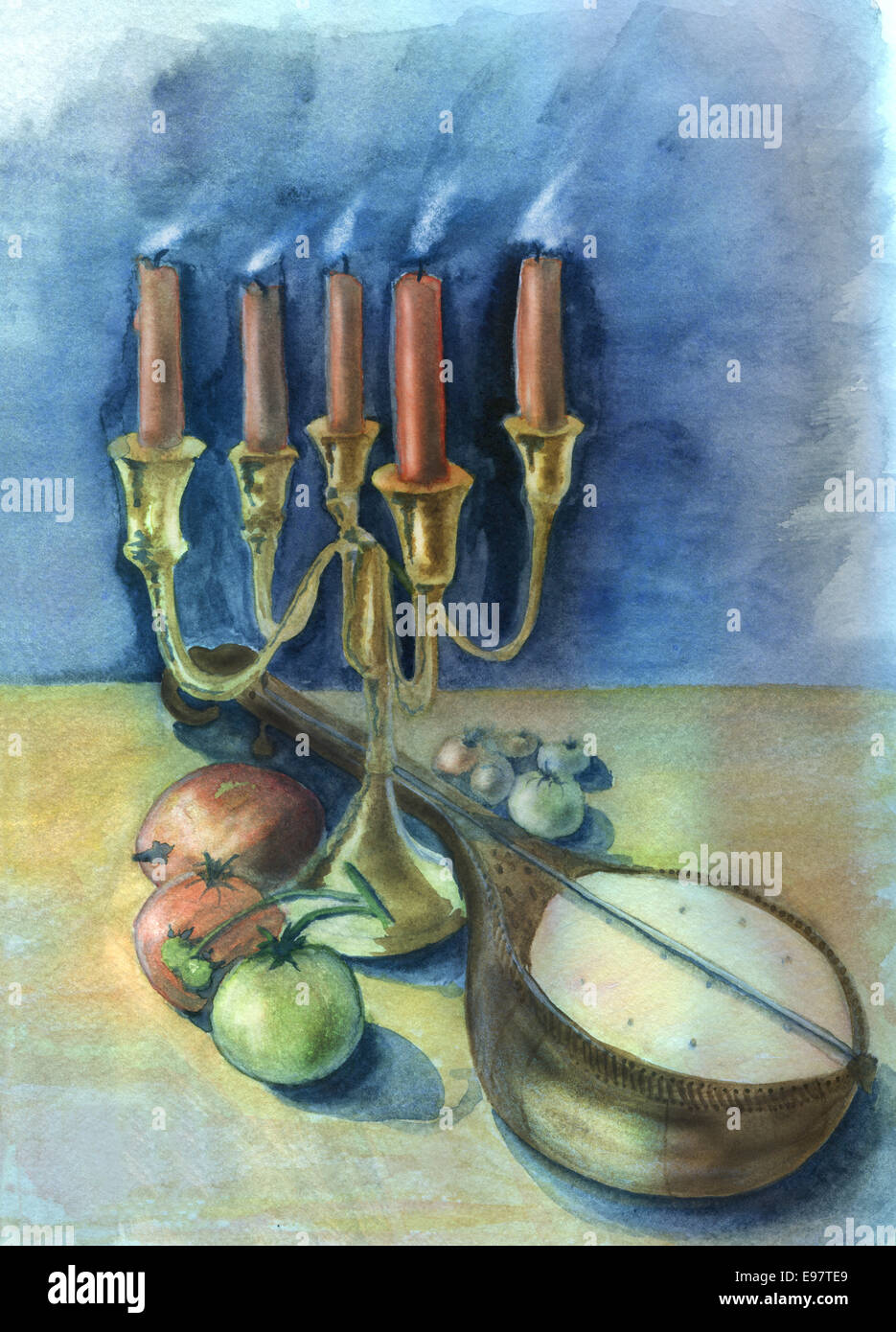Kerzen und Mandoline. Original-Aquarell und Gouache-Malerei. Stockfoto