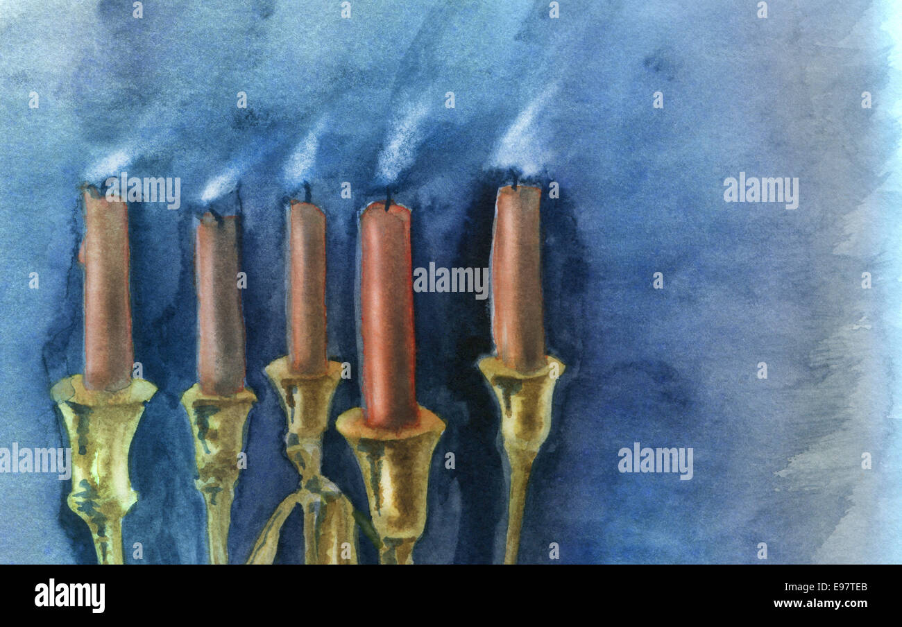 Kerzen, Closeup ausgeblasen. Original-Aquarell und Gouache-Malerei. Stockfoto