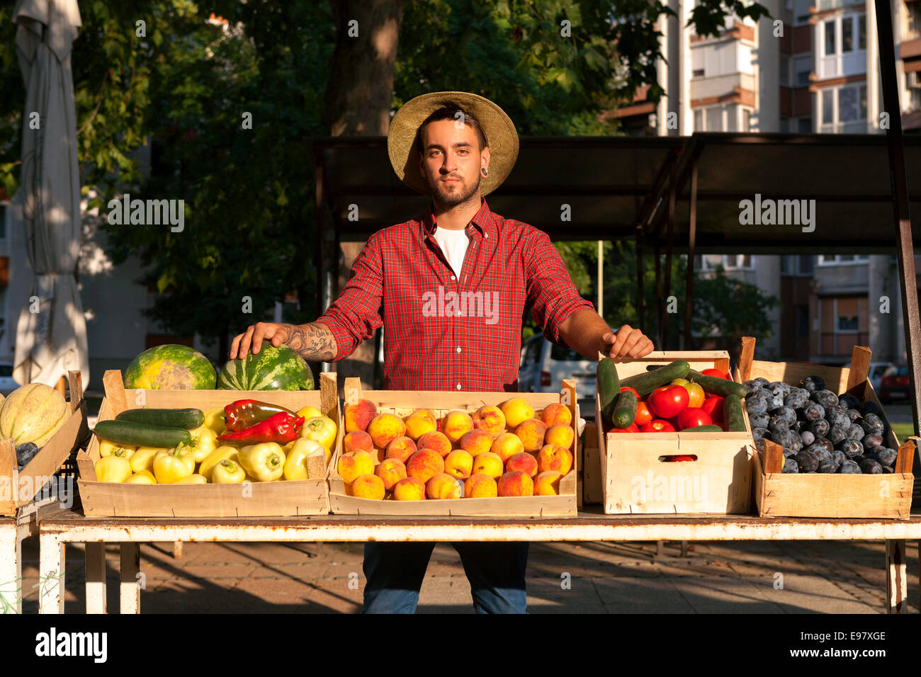 Junger Mann verkaufen Obst und Gemüse am Marktstand Stockfoto