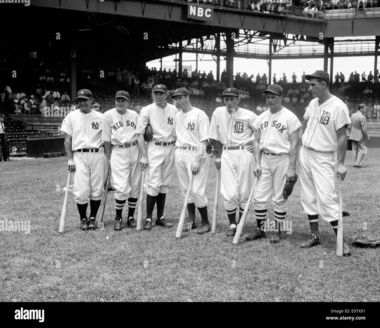 US-amerikanischer Baseball-Spieler, Lou Gehrig, Joe Cronin, Bill Dickey, Joe DiMaggio, Charley Gehringer, Jimmie Foxx und Hank Greenberg Stockfoto