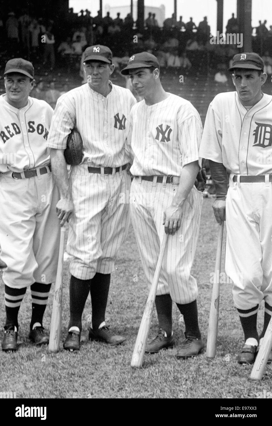 US-amerikanischer Baseball-Spieler, von links, Joe Cronin, Bill Dickey, Joe DiMaggio und Charley Gehringer Stockfoto