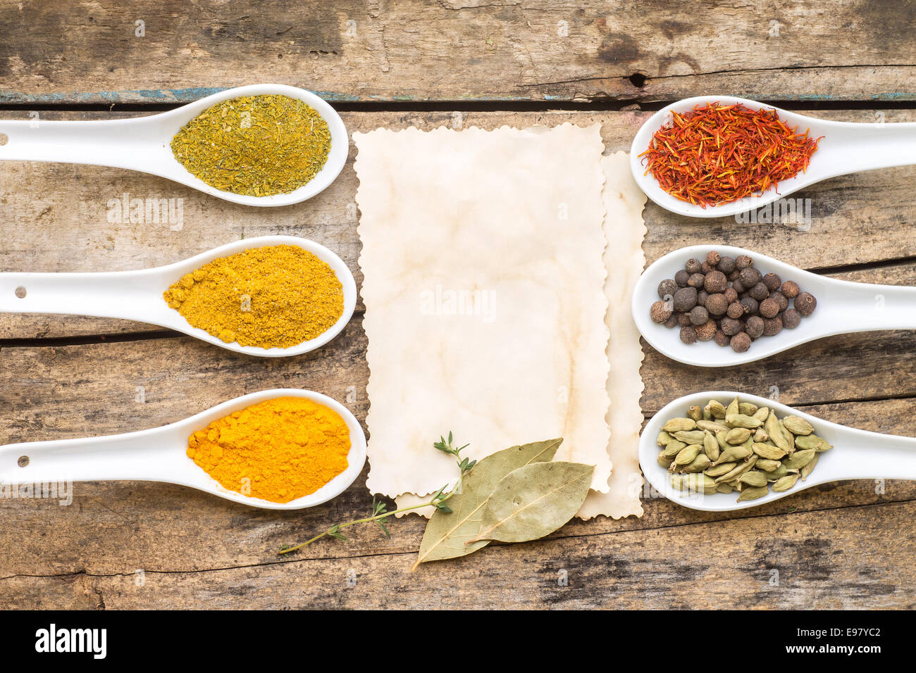 Verschiedenen Gewürzen in Keramik Löffel mit Vintage Rezeptkarte auf Holz Hintergrund. Ansicht von oben Stockfoto