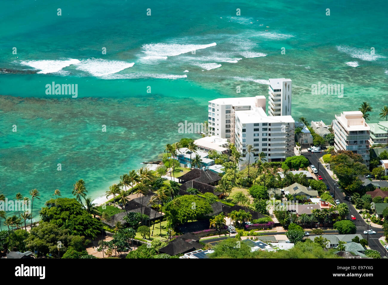 Luftaufnahme von Honolulu und Waikiki Beach von Diamond Head Stockfoto