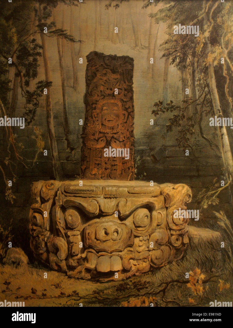 Neunzehnten Jahrhunderts Lithographie Idol und Altar in Copan von Frederick Catherwood, Casa Catherwood in Merida, Yucatan, Mexiko Stockfoto