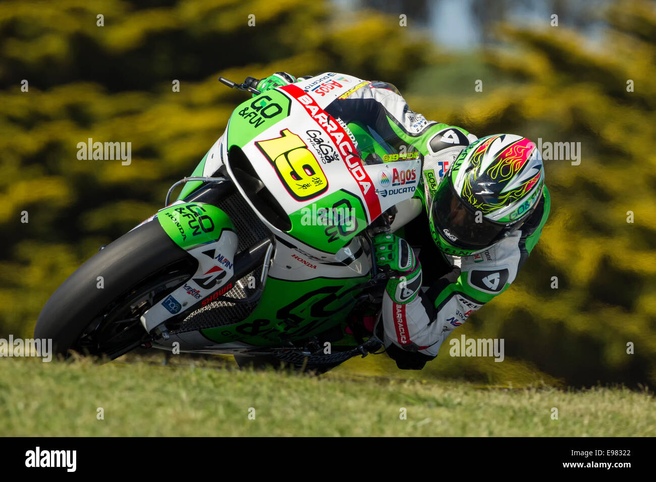 MotoGP-Fahrer Alvaro Bautista während der freien Trainings am Freitag 2014 Tissot Australian Motorcycle Grand Prix. Stockfoto