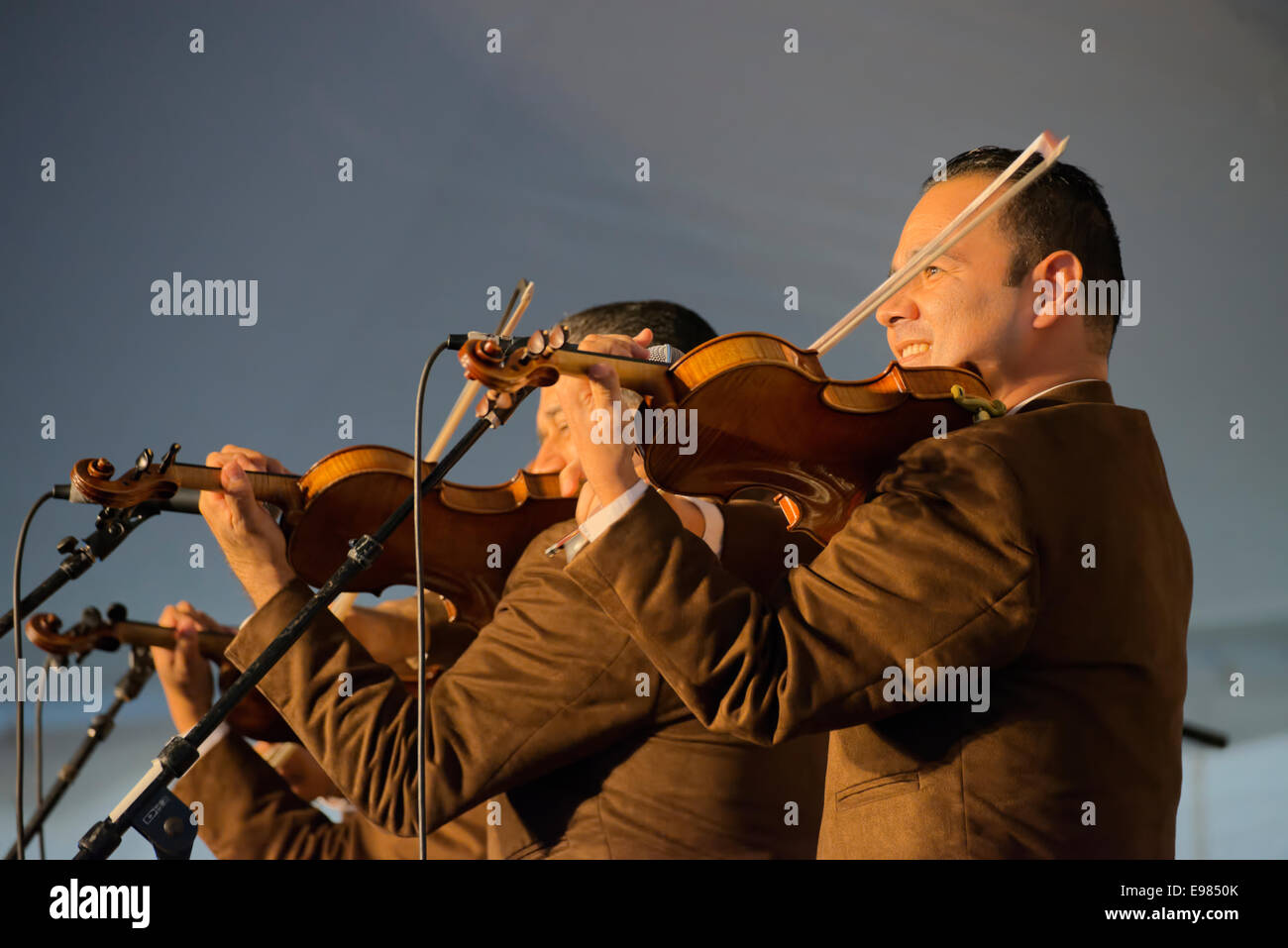 Drei Mariachi-Violinisten treten auf. Ensemble Los Camperos beim Richmond (Virgiinia) Folk Festival. Stockfoto