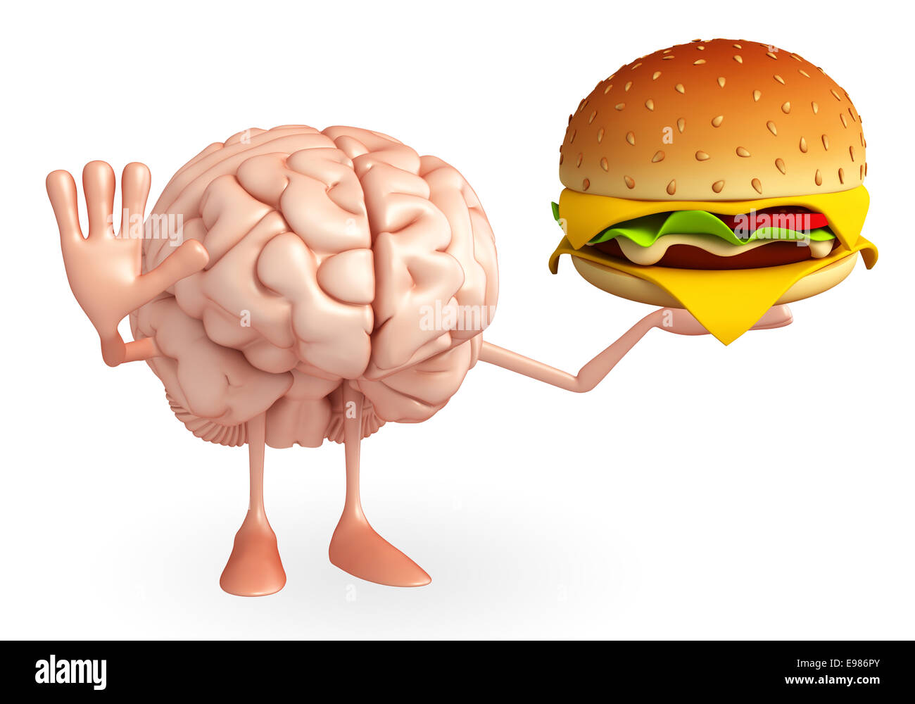 Cartoon-Figur des Gehirns mit burger Stockfoto