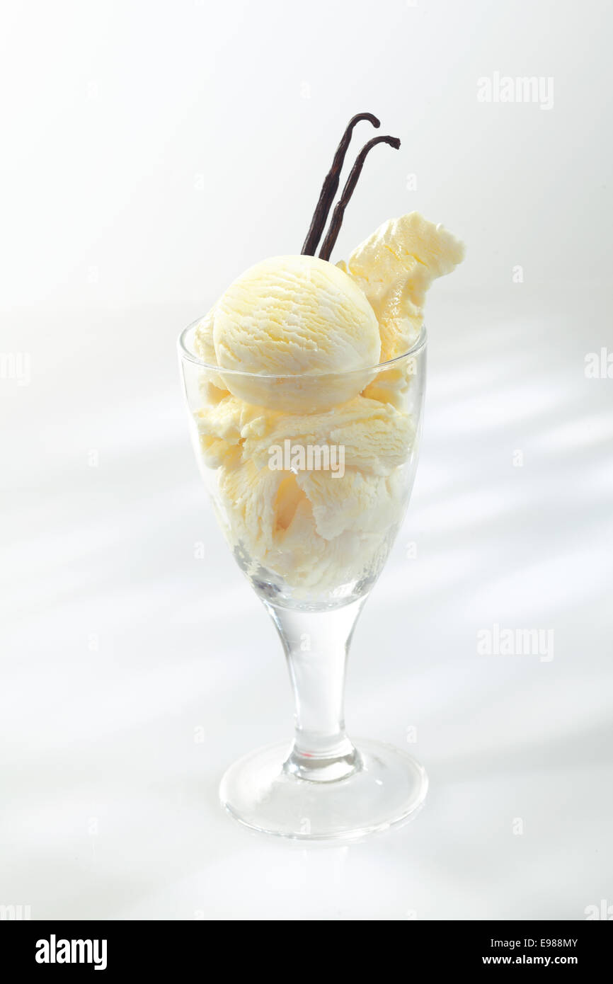 Reiche cremige Vanille Eis in ein Glas mit Vanilleschoten verwendet als Aromastoff in der Produktion Stockfoto