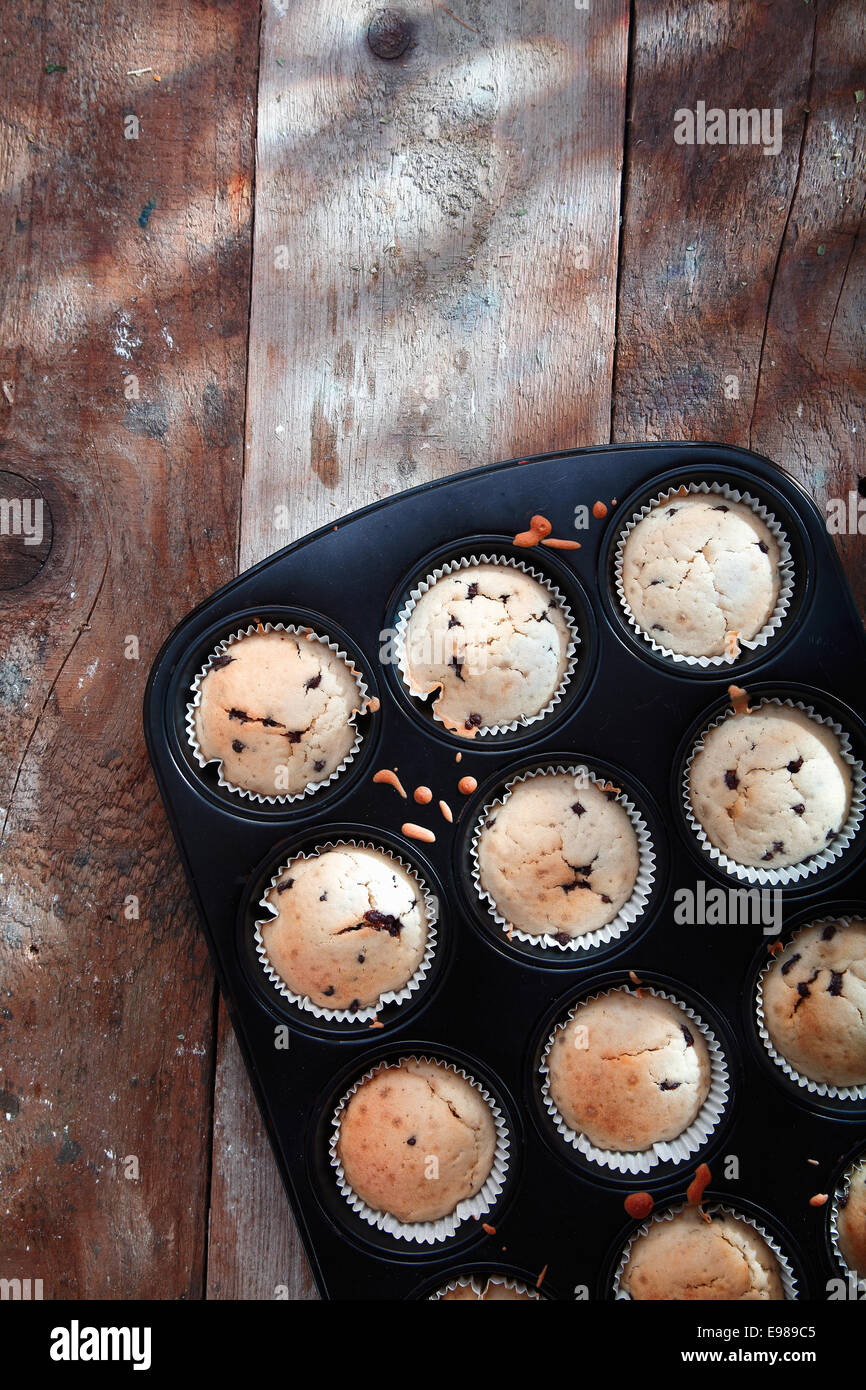 Draufsicht auf ein Backblech mit frisch gebackenen Muffins aus dem Ofen nehmen, abkühlen auf eine alte hölzerne Oberfläche mit Exemplar Stockfoto