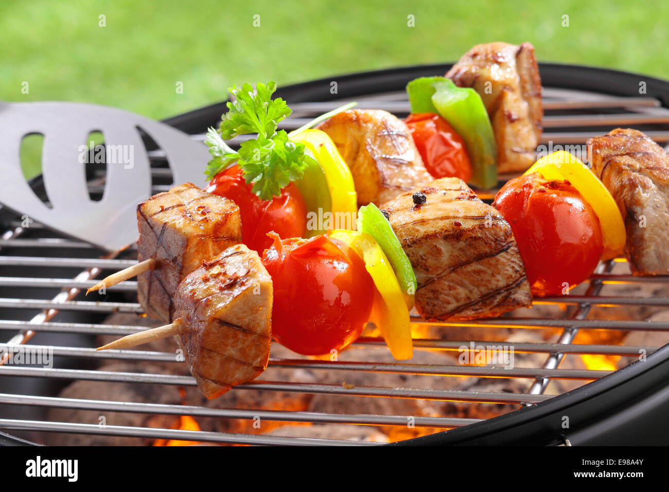 Köstliches Rindfleisch und Gemüse Kebab mit in Scheiben geschnittenen Paprika und Tomaten Grillen über dem offenen Grill Feuer im Freien, Nahaufnahme des Grills mit glühenden Kohlen unten Stockfoto