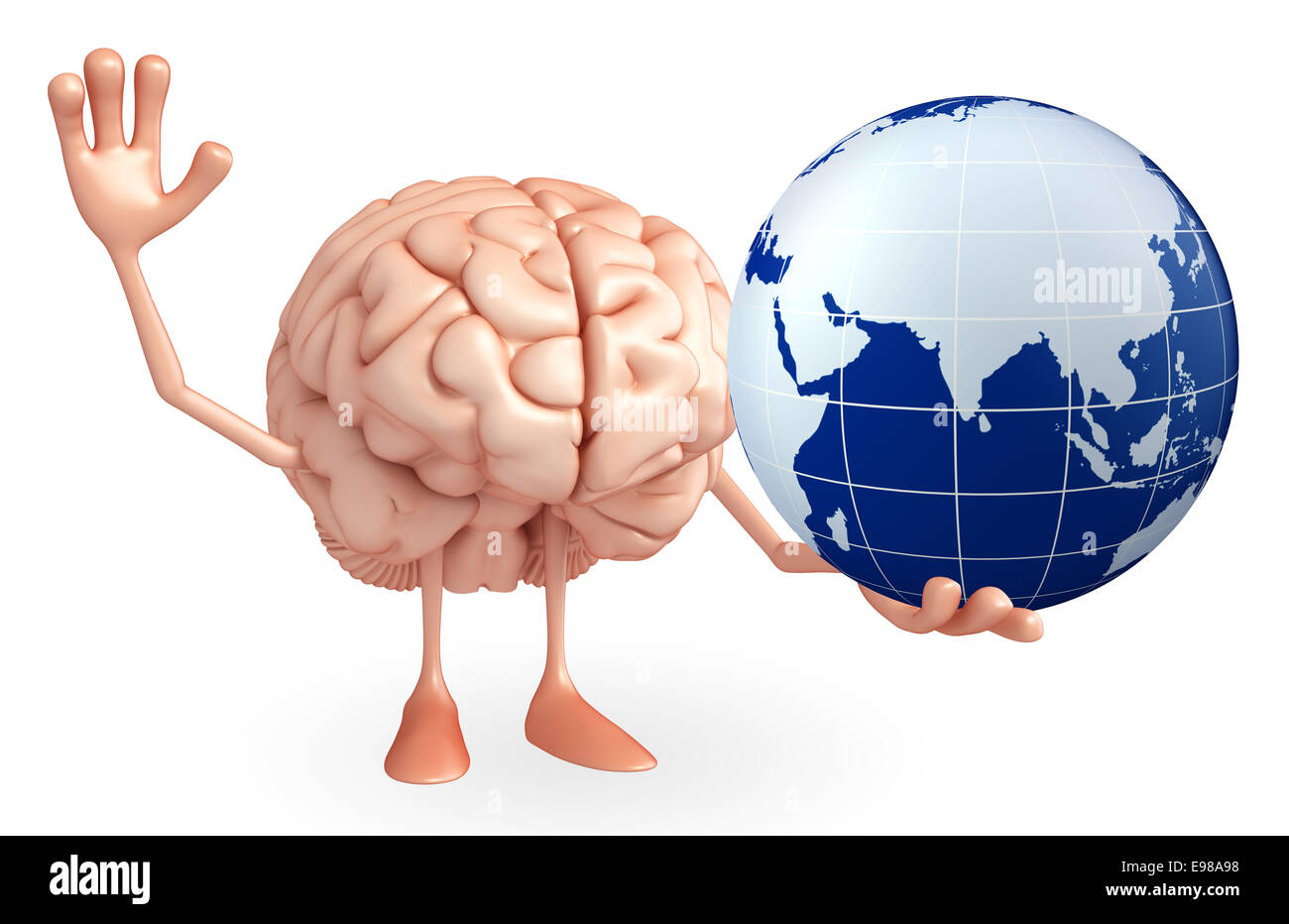 Cartoon-Figur des Gehirns mit Globus Stockfoto