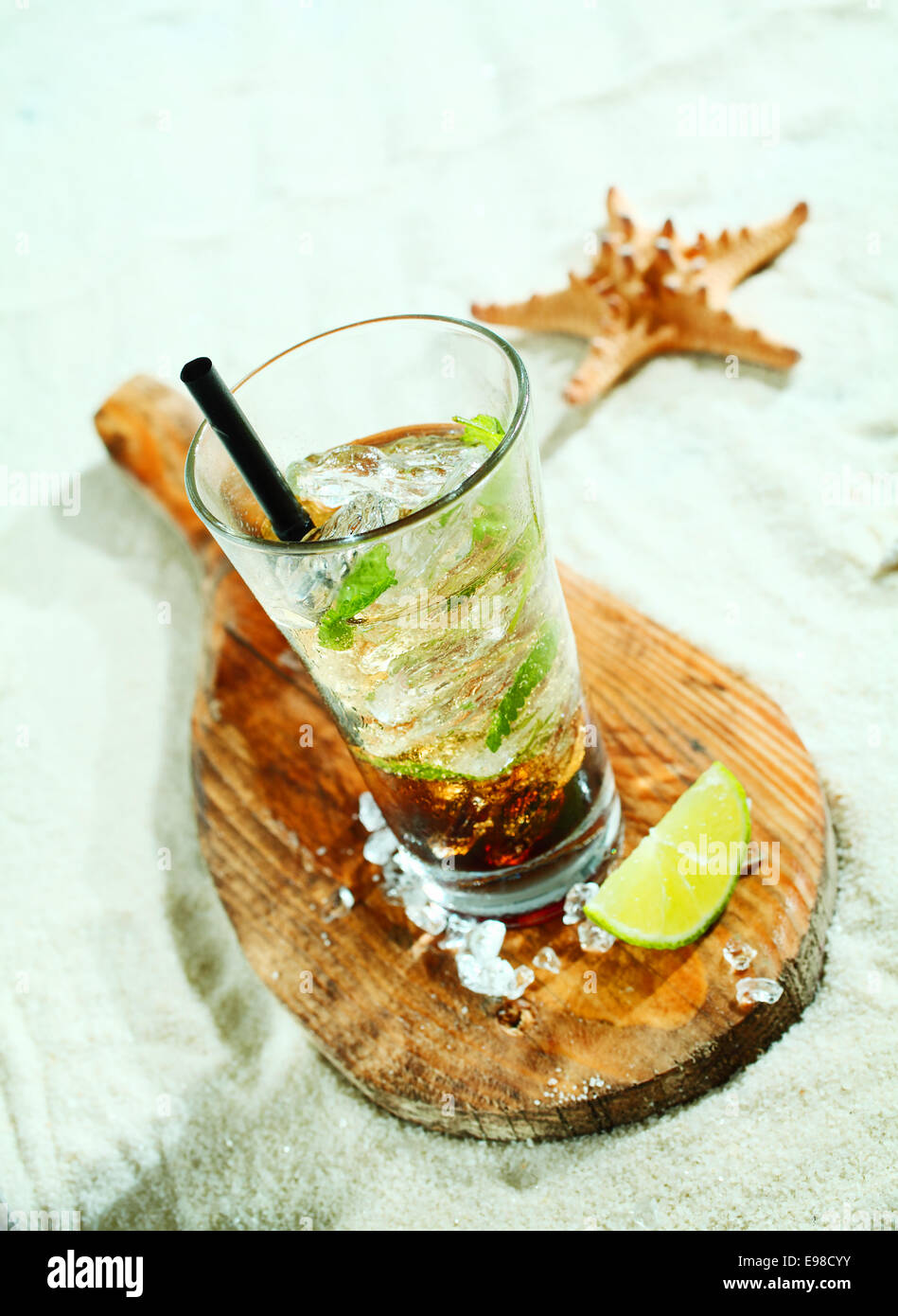 Geeiste Mojito Rum cocktail mit Minze serviert mit einer Scheibe von spritzig erfrischende Zitrone, erhöhte Ansicht Stockfoto