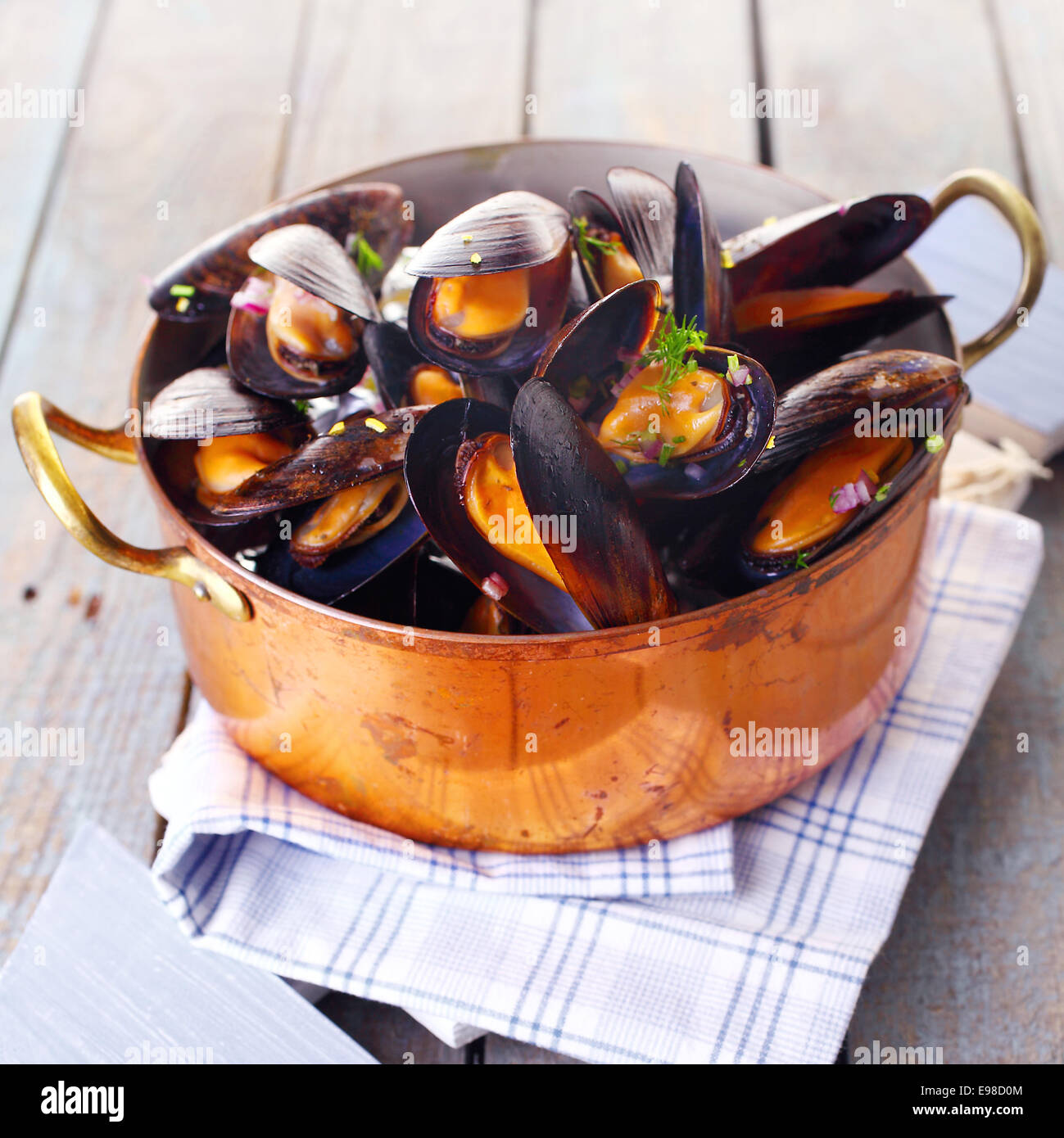 Kupfer Topf Gourmet Muscheln serviert auf einer Serviette, garniert mit frischen Kräutern für eine leckere Meeresfrüchte essen Stockfoto