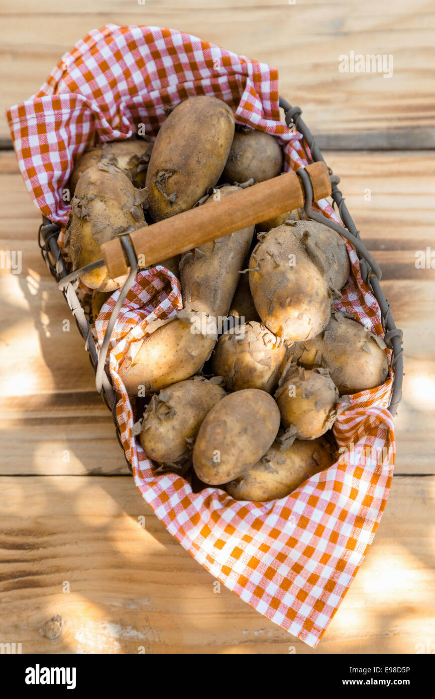 Draufsicht auf einen Drahtkorb Bauernhof frischen Kartoffeln in einer bunten roten und weißen aufgegebenes Serviette auf einem Holztisch am Bauernmarkt Stockfoto