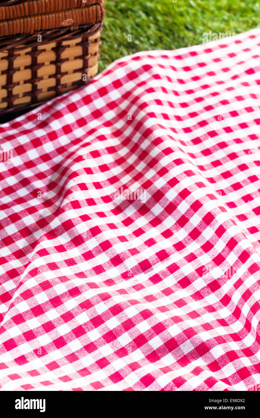 Rote und weiße aufgegebenes Picknick Tuch ausgebreitet auf dem grünen Rasen neben einem Picknickkorb Weide an einem sonnigen Sommertag Stockfoto