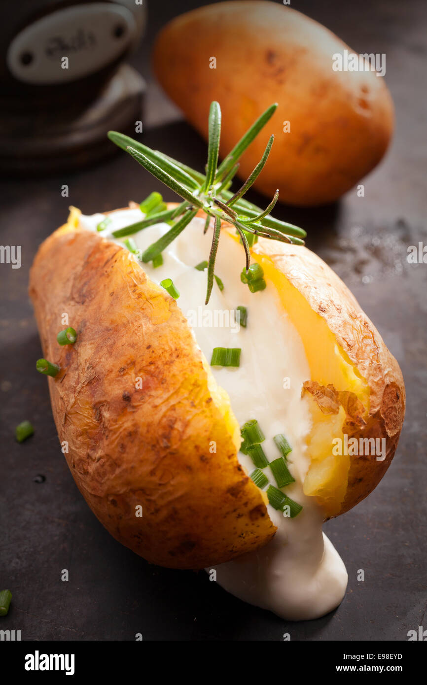 Gebackene Ofenkartoffeln über einen Sommer BBQ in der Folie mit Sauerrahm und Schnittlauch garniert mit Rosmarin für eine leckere herzhafte Vorspeise oder vegetarische Küche gekocht geschnitten Stockfoto