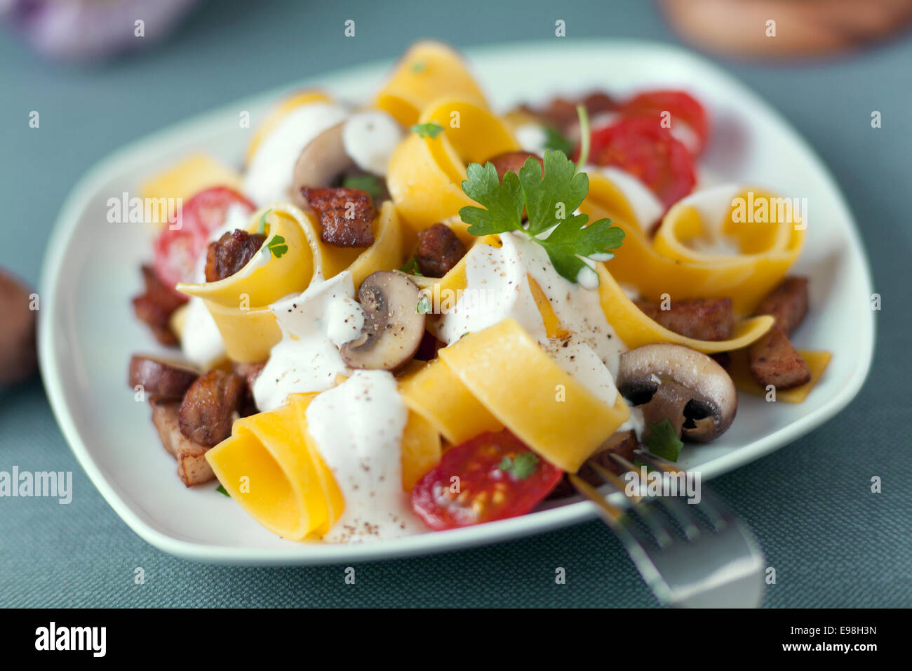 Breite Bandnudeln Bandnudeln mit Pilzen, Tomaten und eine pikante Creme-Sauce mit Petersilie garniert auf einem Teller serviert Stockfoto
