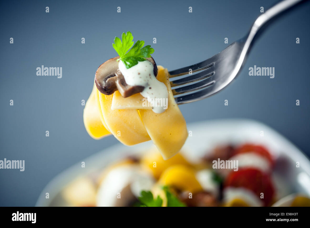 Gabel Pappardelle Nudeln mit Pilzen und Sahne-Sauce gekrönt mit einem frischem Basilikum-Blatt über den Rest der Platte mit Fokus auf die Gabel aufgehängt Stockfoto