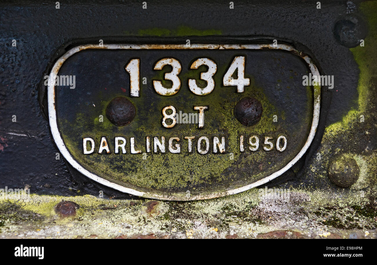 Darlington-Typenschild auf Schienenfahrzeugen bei Haworth, Keighley und Wert Valley Railway. Yorkshire Stockfoto