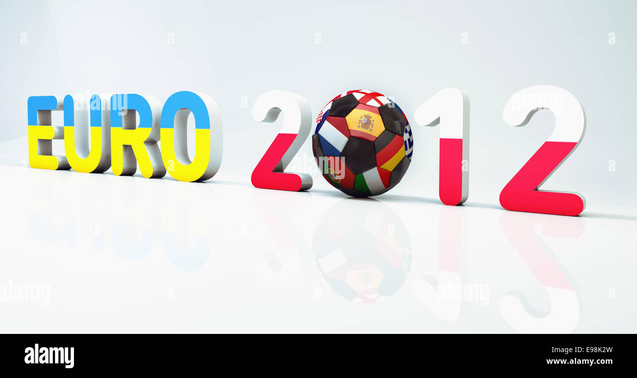 2012-Fußball-Europameisterschaft oder Euro, 3D-Text abgewinkelt mit Reflexion und Exemplar auf weiß Stockfoto