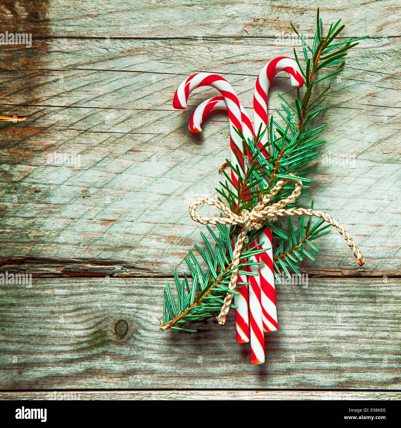 Bunt gestreifte rote und weiße Weihnachten candy Canes in einem Bundle mit Zweige der Kiefer mit Schnur an einem rustikalen hölzernen Hintergrund, quadratisches Format mit Exemplar gebunden Stockfoto