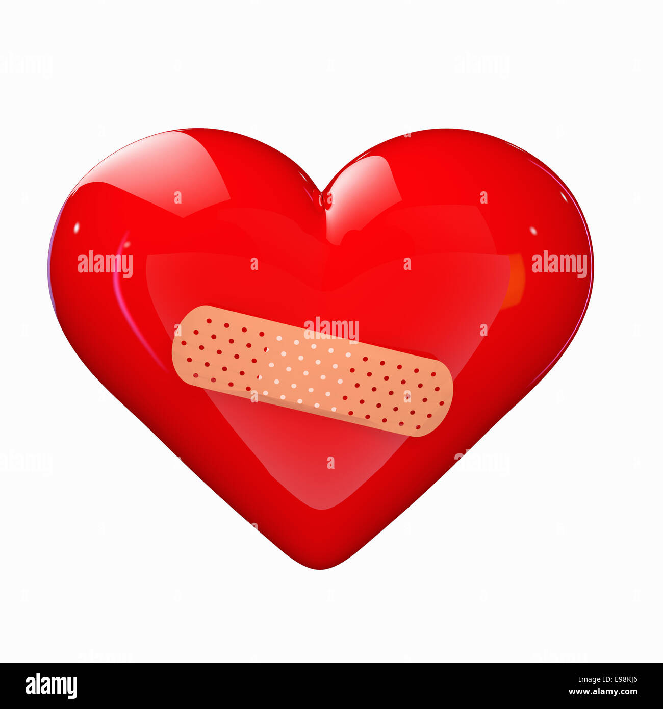 ein rotes Herz mit einem Pflaster, isoliert auf weiss Stockfoto