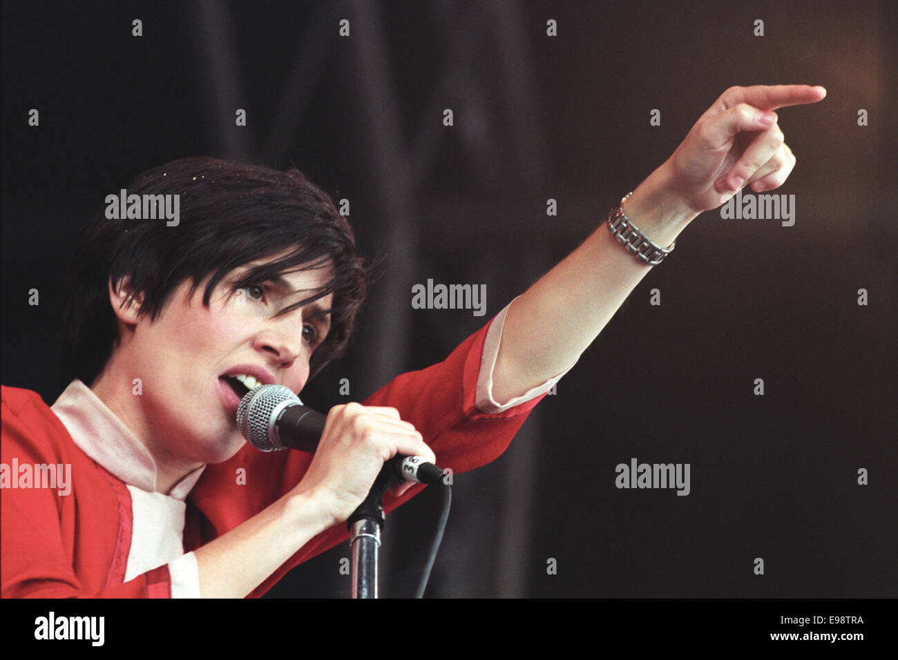 Sharleen Spiteri, Texas, wird live auf der Bühne ' t In The Park "Musikfestival in Schottland, im Jahr 1997. Stockfoto